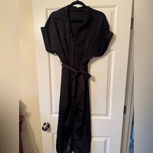 Black Button-Front Shirt Dress with Waist Tie